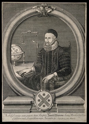 view John Napier, seated, wearing a skull cap, his right hand resting on an open book. Line engraving by R. Cooper.