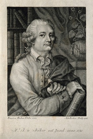 view Noël Joseph de Necker. Stipple engraving by A. Karcher, 1786, after F. Beckers, 1785.