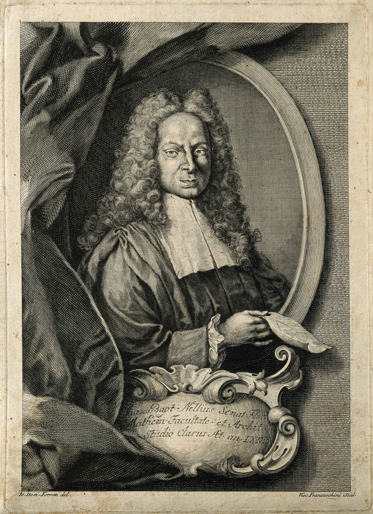 Giovanni Battista Nelli. Line engraving by V. Franceschini after J. D. Ferretti., 1700-1799, by Giovanni Domenico Ferretti
