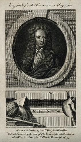 Sir Isaac Newton. Line engraving, 1748, after Sir G. Kneller, 1702.