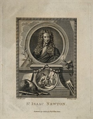 view Sir Isaac Newton. Line engraving by W. Sharp after Sir G. Kneller, 1702.