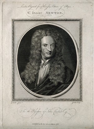 view Sir Isaac Newton. Line engraving by J. Goldar after Sir G. Kneller, 1702.