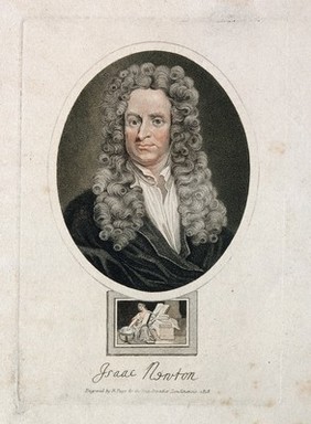Sir Isaac Newton. Coloured stipple engraving by R. Page, 1818, after Sir G. Kneller, 1702.