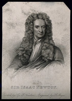 Sir Isaac Newton. Stipple engraving by H. Meyer after Sir G. Kneller, 1702.