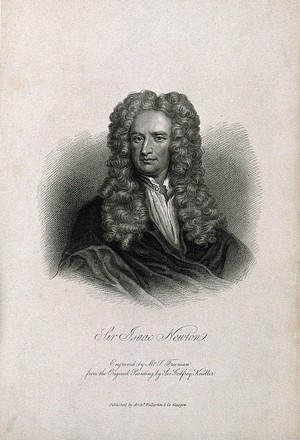 view Sir Isaac Newton. Stipple engraving by S. Freeman after Sir G. Kneller, 1702.