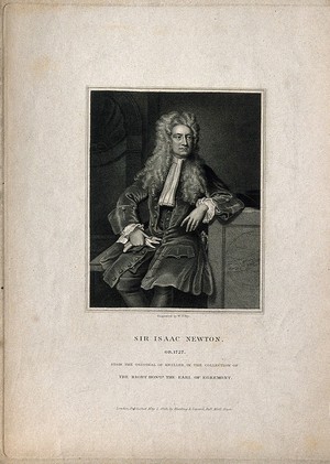 view Sir Isaac Newton. Stipple engraving by W. T. Fry, 1829, after Sir G. Kneller, 1720.