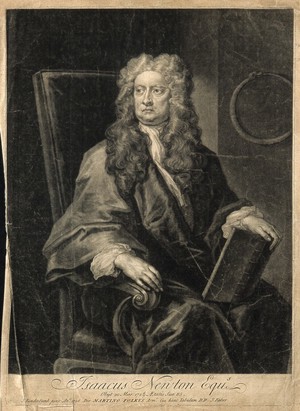 view Sir Isaac Newton. Mezzotint by J. Faber, junior after J. Vanderbank, 1726.