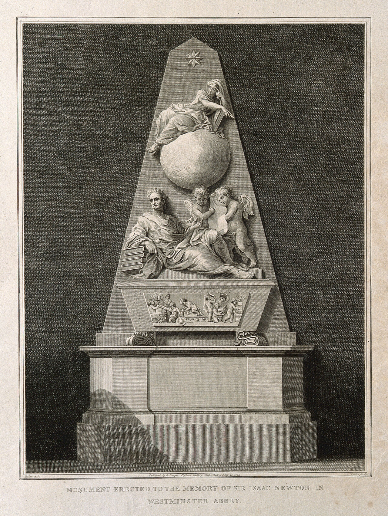 Sir Isaac Newton: monument. Line engraving by J. Fittler, 1794, after Riley after W. Kent and M. Rysbrack., by James Fittler