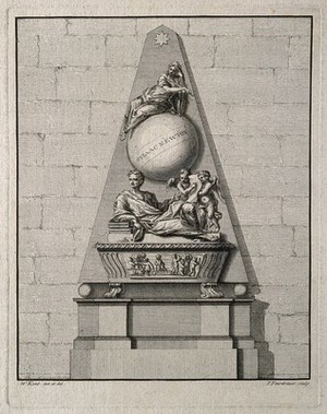 view Sir Isaac Newton: monument. Line engraving by P. Fourdrinier after W. Kent and M. Rysbrack.