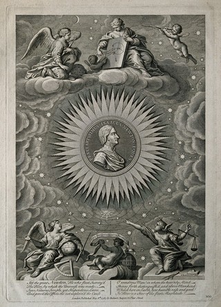 Sir Isaac Newton. Line engraving by G. Bickham, senior, 1732.