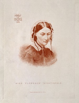 view Florence Nightingale. Colour lithograph by R. Blind.