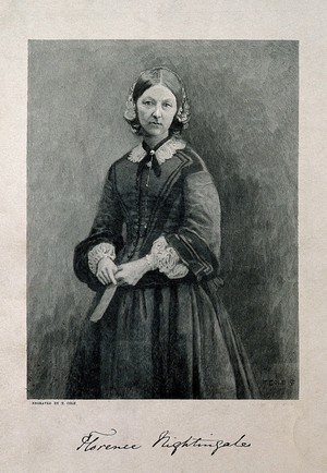 view Florence Nightingale. Reproduction of wood engraving, 1872, after T. Cole after Goodman, 1858.