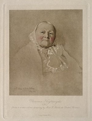 view Florence Nightingale. Photogravure by E. Walker, 1887, after F. Alicia de Biden Footner, 1907.