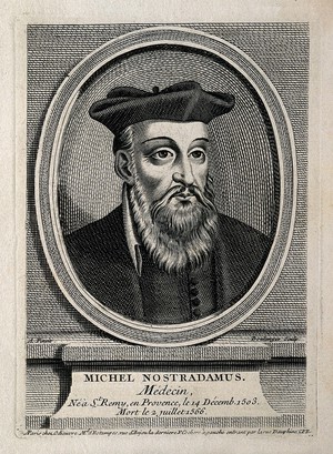 view Michael Nostradamus. Line engraving by J. Boulanger after A. L., 1742.