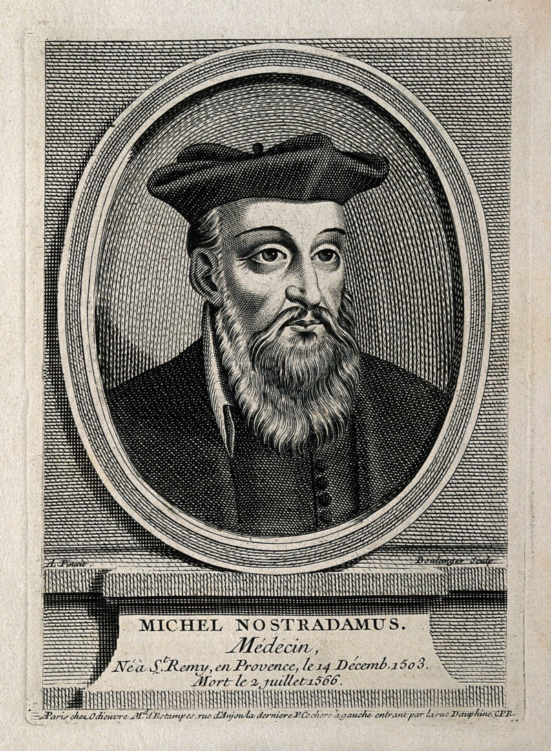 Michael Nostradamus. Line engraving by J. Boulanger after A. L., 1742., 1742, by Jean Boulanger