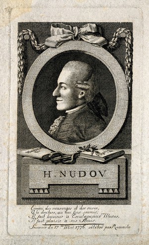 view Heinrich Nudov. Line engraving by F. Rosmaesler.