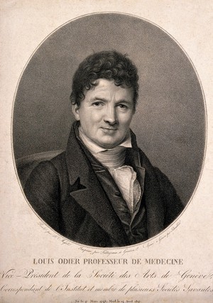 view Louis Odier. Stipple engraving by N. Schenker after F. C. Massot.