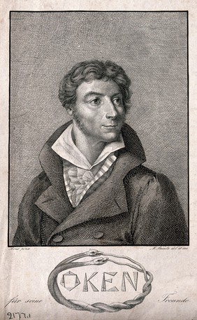 Lorenz Oken [Okenfuss]. Line engraving by M. Steinla after J. W. C. Roux.