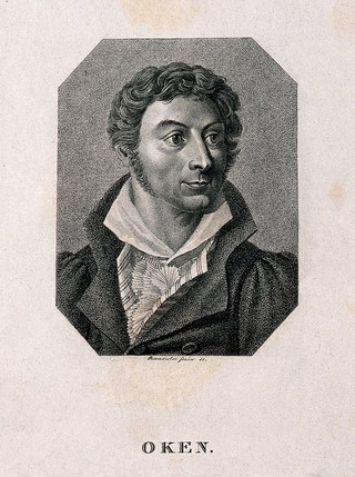 Lorenz Oken [Okenfuss]. Stipple engraving by J. Rosmaesler, senior after J. W. C. Roux.