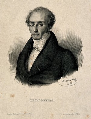 view Pierre Matthieu Joseph Bonaventure Orfila. Lithograph by A. Maurin, 1833.