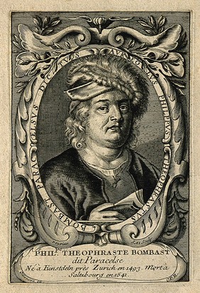 Aureolus Theophrastus Bombastus von Hohenheim [Paracelsus]. Line engraving by S. A., 1765, after P. P.