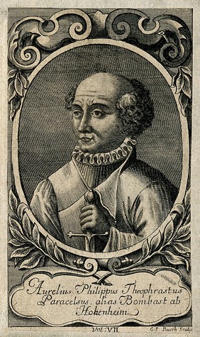 Aureolus Theophrastus Bombastus von Hohenheim [Paracelsus]. Line engraving by G.P. Busch.