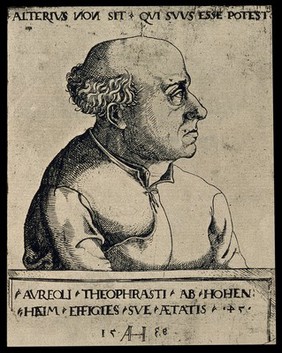 Aureolus Theophrastus Bombastus von Hohenheim [Paracelsus]. Reproduction, 1927, of etching by A. Hirschvogel, 1538.