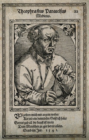 view Aureolus Theophrastus Bombastus von Hohenheim [Paracelsus]. Line engraving by T. Stimmer, 1587.
