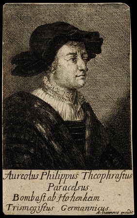 A man designated as Aureolus Theophrastus Bombastus von Hohenheim [Paracelsus]. Etching by A. Luppius after H. Holbein.