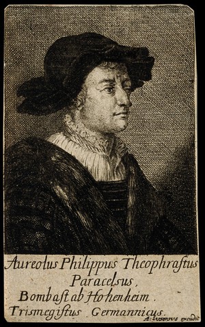 view A man designated as Aureolus Theophrastus Bombastus von Hohenheim [Paracelsus]. Etching by A. Luppius after H. Holbein.