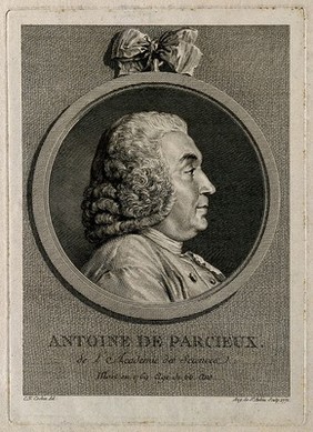 Antoine de Parcieux. Line engraving by A. de Saint Aubin, 1771, after C. N. Cochin.