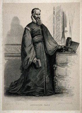 Ambroise Paré. Line engraving by Leclerc, 1838, after C. Jacquand.