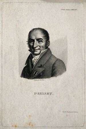 view Étienne Pariset. Stipple engraving by A. Tardieu.