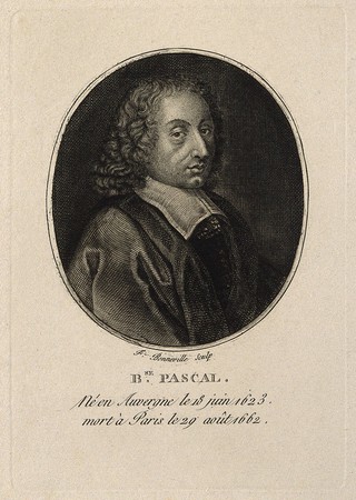 Blaise Pascal. Line engraving by F. Bonneville after F. Quesnel, junior.