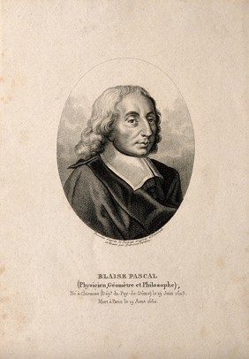 Blaise Pascal. Stipple engraving by A. Tardieu after G. Edelinck after F. Quesnel, junior.