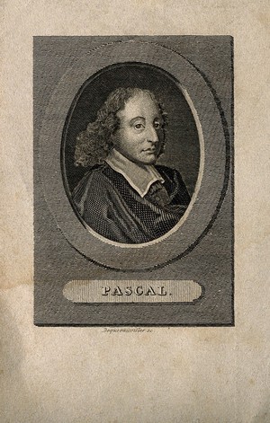 view Blaise Pascal. Line engraving by F.J Dequevauviller, 1823, after G. Edelinck after F. Quesnel, junior.