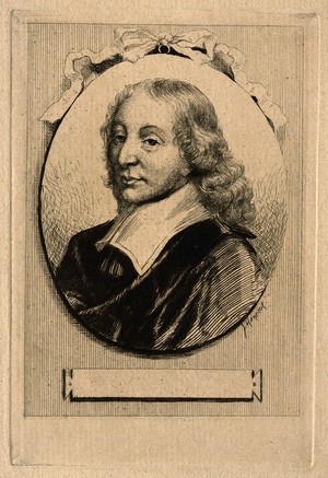 view Blaise Pascal. Etching by J. Hanriot after G. Edelinck after F. Quesnel, junior.