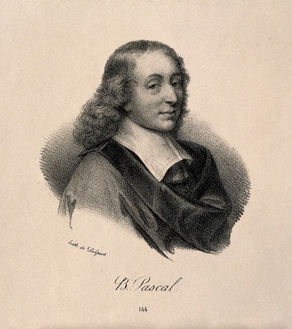 Blaise Pascal. Lithograph after G. Edelinck after F. Quesnel, junior.