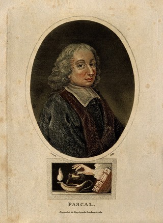 Blaise Pascal. Coloured stipple engraving by T. Dale, 1822, after G. Edelinck after F. Quesnel, junior.