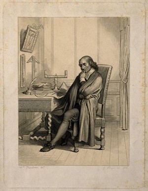 view Blaise Pascal, seated at his desk. Line engraving by J. Bein, 1844, after H. Flandrin.