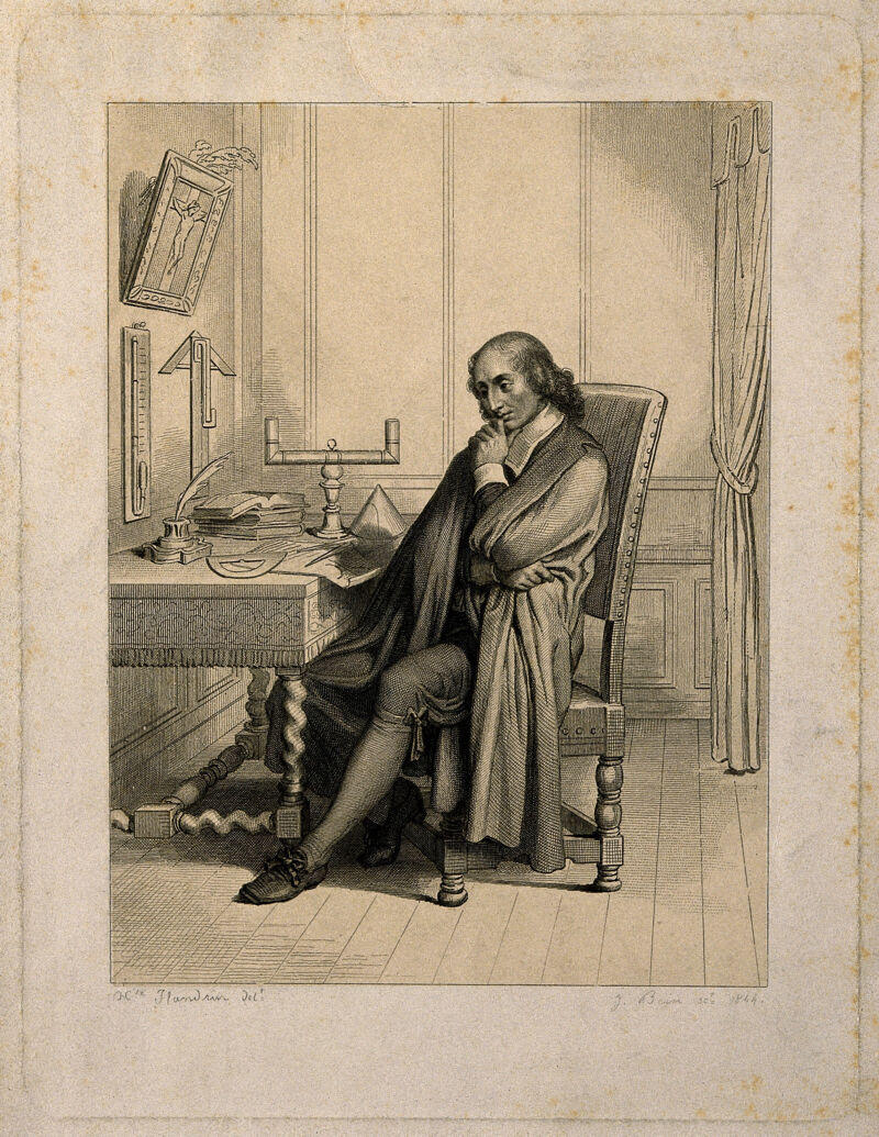 Blaise Pascal, seated at his desk. Line engraving by J. Bein, 1844, after H. Flandrin., 1844, by Hippolyte Flandrin