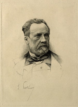 view Louis Pasteur. Etching by Champollion, 1883.