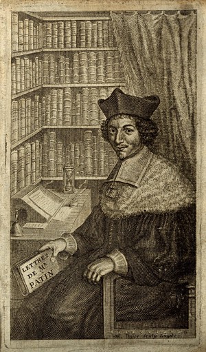 view Guy Patin. Line engraving by M. Ogier, 1685.