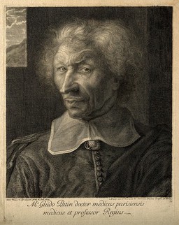 Guy Patin. Line engraving by A. Masson, 1670, after himself.