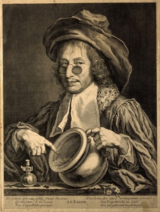 A physician pointing to a chamber pot. Line engraving by R. Nanteuil.