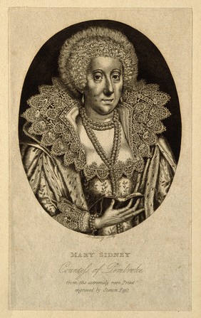 Mary Sidney Herbert, Countess of Pembroke. Line engraving by B. Reading after S. van der Passe.