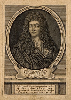 view Claude Perrault. Line engraving by E. Desrochers.