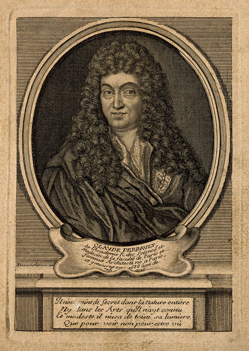 Claude Perrault. Line engraving by E. Desrochers., by Étienne-Jehandier Desrochers