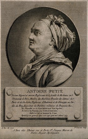 Antoine Petit. Line engraving by P. Laurent after A. Pujos, 1774.