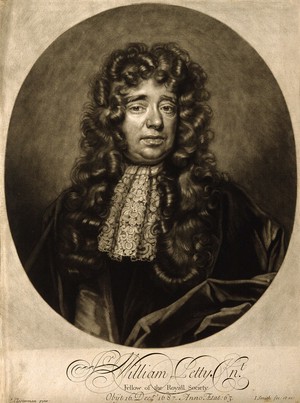 view Sir William Petty. Mezzotint by J. Smith, 1696, after J. Closterman.